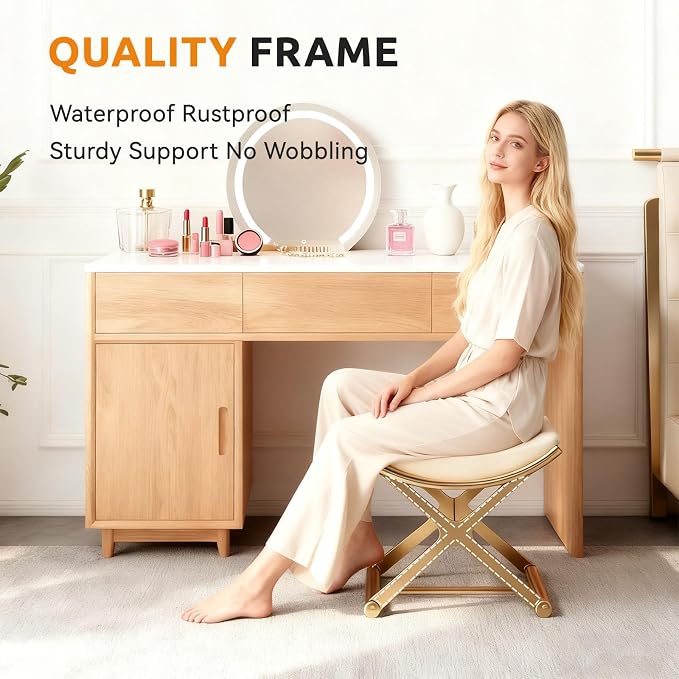 Lefedrasticity Gold Vanity Stool Chair Makeup Stool with Leather Cushioned Small Ottoman Foot Rest Modern Make Up Chair Upholstered Vanity Ottoman for Bedroom Living Room Bathroom Couch