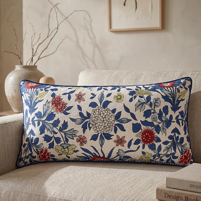 patdrea Designer French Vintage Linen Throw Pillow Cover,12"x28"-Ivar A | Decorative Pillow Cover,Blue and White Floral Pattern,Pillow Case for Couch Living Room Bedroom Sofa Outdoor