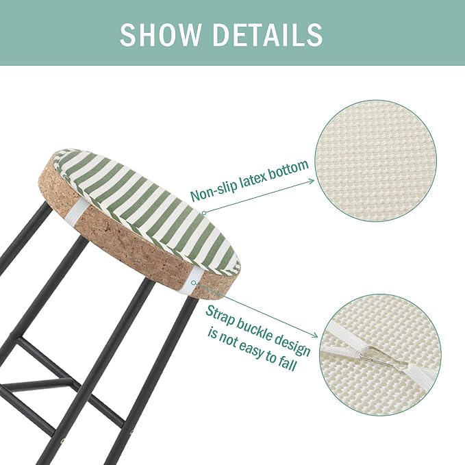 Round Stool Chair Cushions for Kitchen Dining Seat Pads with Ties 2 Pack Non Slip Cushions Pad for High Stool Chairs Bistro Bar Seat 13 Inch, Green Stripe