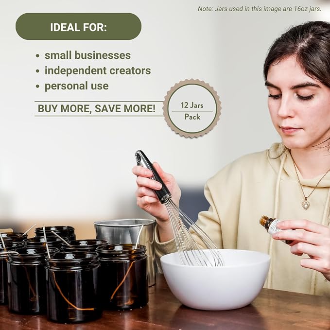 Glass Amber 8oz Jar - 12 Packs, Lead-Free Empty Round Jars For Beauty Products, Lotion, and Powders - Black Lid - Small Candle Jars