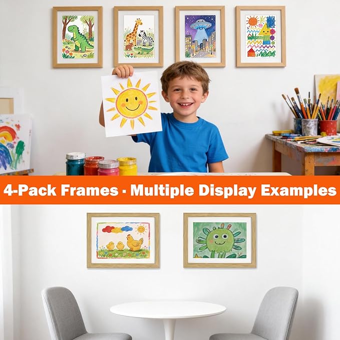 Kids Art Frames 8.5x11, 4-Pack Front Opening Changeable Picture Frames for Kids Artwork, Holds 150 Pieces Each, Artwork Storage and Wall Display Frame for Drawings, Portfolio, Wood