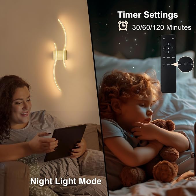 Battery Operated Wall Sconces Set of Two with Remote Control, Battery Wall Light, Stepless Colors 3000K-6000K & Dimming, Brass Rechargeable Wall Sconces for Living Room, Hallway, Bedroom, 27.5 Inch