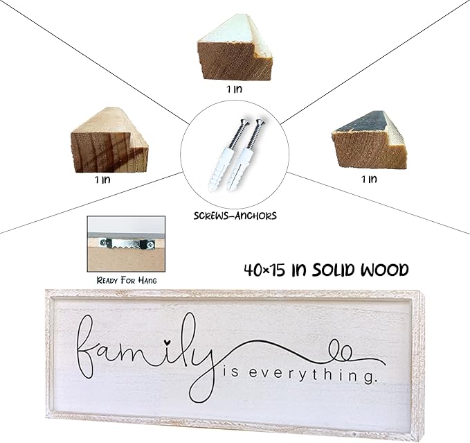 Family is Everything Wall Decor 40"x15" Living Room Large Warm Wood Framed Farmhouse Vintage Sign Home Beautiful And Simple Ready To Hang Hallway Entryway Wall Art Decoration (White)