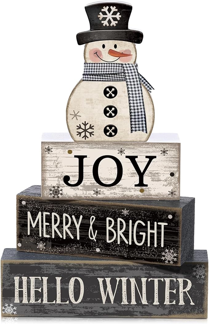 Lineshading 4 Pcs Winter Table Decorations Wooden Snowman Black and White Winter Tiered Tray Decor Christmas Centerpiece Decorations Rustic Wooden Snowman Block Sign Gifts Farmhouse for Home Kitchen