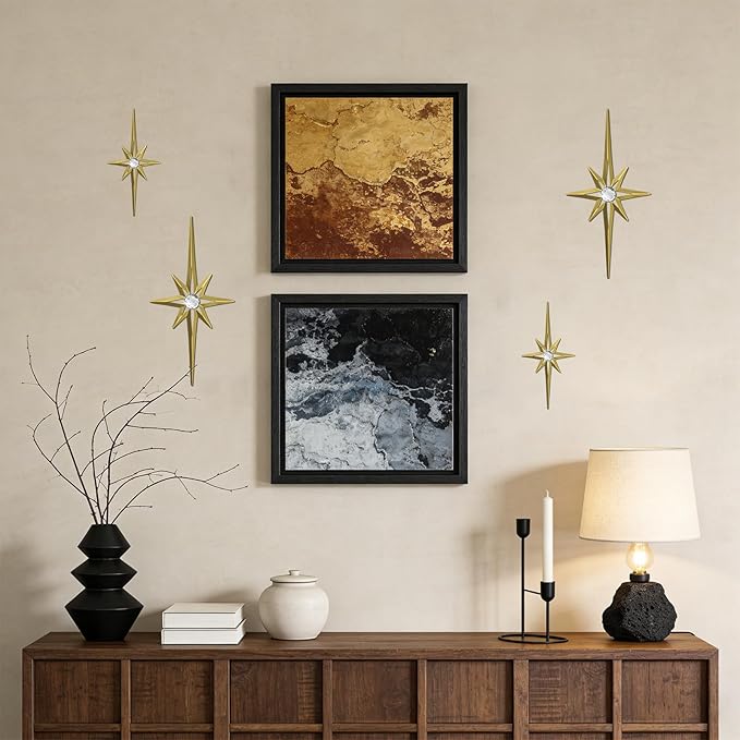 sxnzequnze 4 Pack Metal Star Wall Art 8 Pointed Starburst Wall Decor Set with 2 Large & 2 Small Pieces Mid Century Celestial Metal Wall Sculpture for Bedroom Living Room Office Gallery Wall