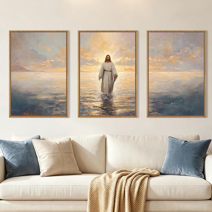 Large Jesus Christian Framed Canvas Wall Art Set,Jesus Walking On The Water Wall Decor,Vintage Religious Ocean Artwork for Living Room,Bedroom,Prayer Room,Church-24 x36 x3