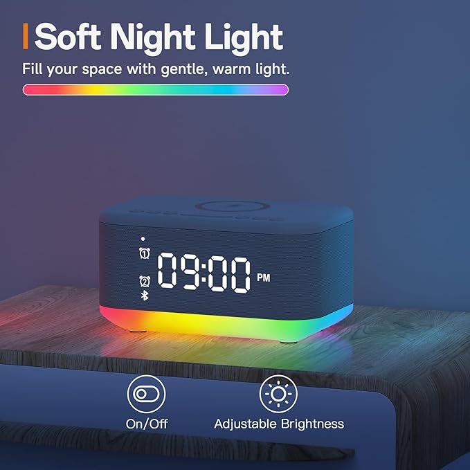 Wireless Charging Alarm Clock Bedroom, Digital Alarm Clocks Bedrooms Bluetooth, Loud Bluetooth Speaker Alarm Clock Night Light Dual Alarm Snooze 12/24H Dimmer Bluetooth AUX USB Charging, Grey