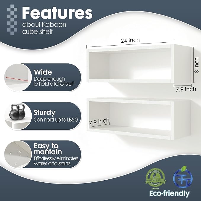 Kaboon 24in Floating Cube Shelves Set of 2, Display Shelves Wall Mount, Decorative Hanging Shelves for Kitchen Living Room Office,(White, Rectangle 2 Cubes)