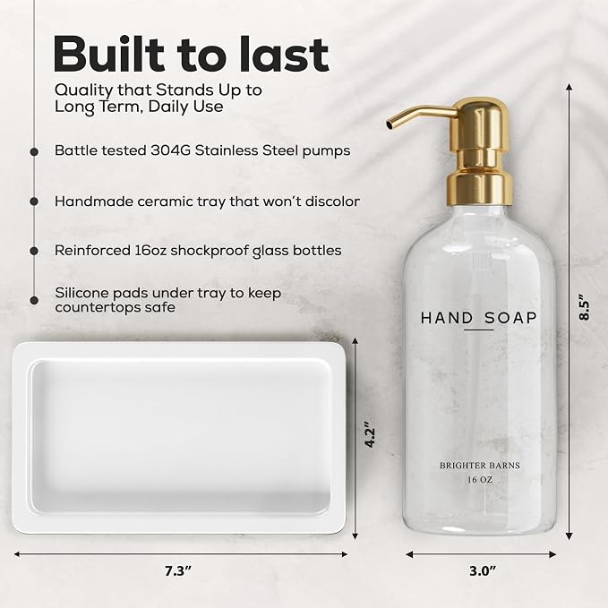 Luxury Glass Soap Dispenser Bathroom Set by Brighter Barns - Refillable Liquid Hand Soap and Lotion Dispenser Set with Tray and Pump - Gold Bathroom Decor for Guest House, Modern Airbnb (Clear/Gold)