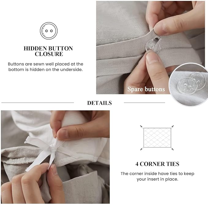 Simple&Opulence 100% Linen Duvet Cover Set, 3 PCS Natural French Flax Light Grey Ruffle Duvet Cover Queen Size, Breathable Comfy Linen Bedding Comforter Cover with 2 Pillowcases(Light Grey, 88" X 92")