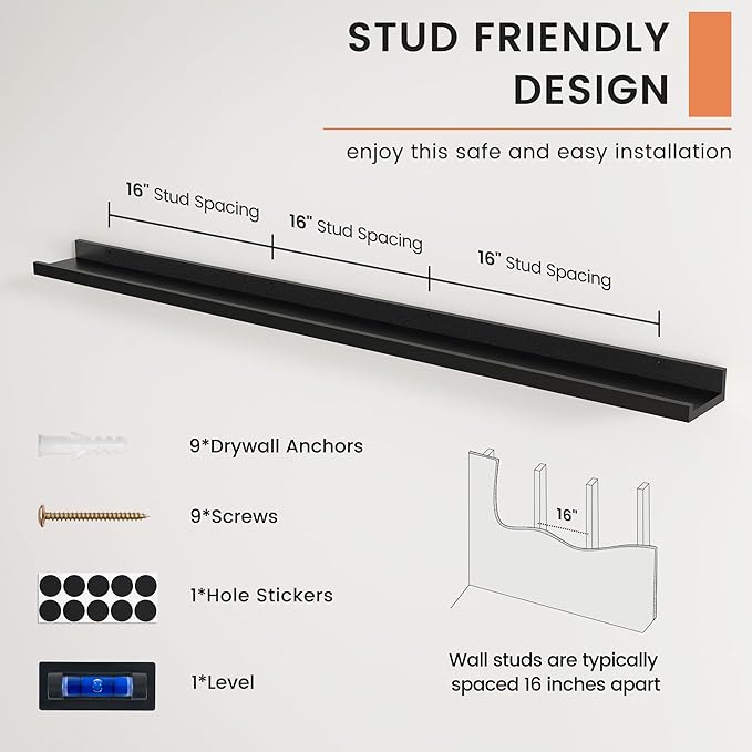 FLYJOE Picture Ledge Shelf, Floating Shelves Set of 2, 56 Inches Long Large Nursery Book Shelves for Toys Storage, Kids Bookshelf Wall Mounted for Living Room Bedroom Decor Books Photo Frames, Black
