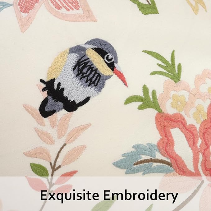 Embroidered Throw Pillow Covers 18x18 inch Pack of 2 Vintage Birds with Pink Flowers Farmhouse Pillow Cushion Cases Spring Summer Decorative Pillowcases Home Decor for Sofa Bed Living Room