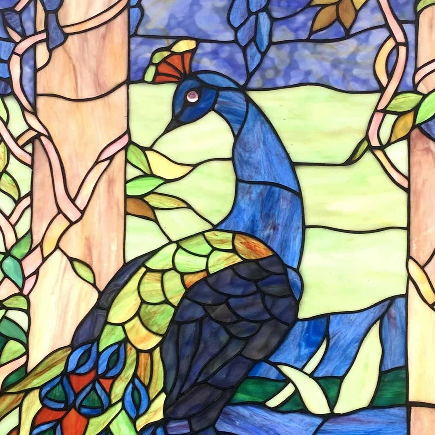 Bieye W10096 Peacock in Garden Tiffany Style Stained Glass Window Panel for Home Decor (Blue, 19.5Wx40.5H Rectangular)