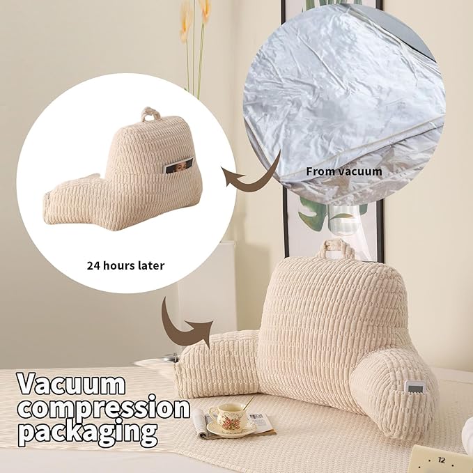 Reading Pillow for Sitting in Bed with Arm,White Corduroy, M | Sitting Pillow for Teens Back Support,17" Backrest Pillow Supports Reading,Gaming & Relaxing in Bed,Couch,Floor