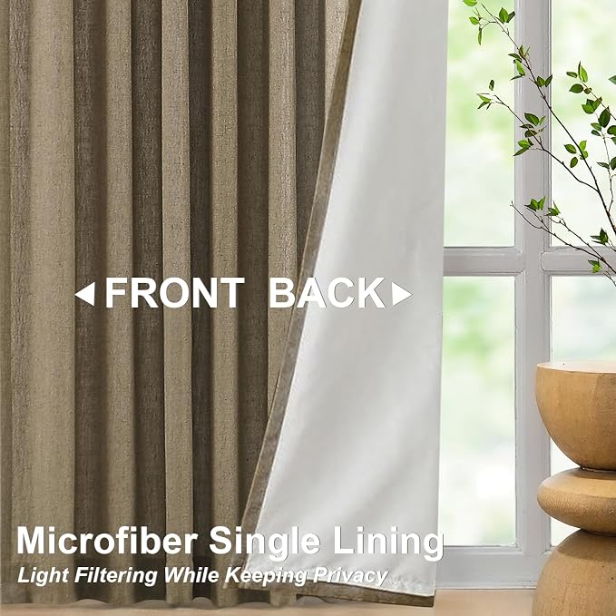 Vision Home Brown Pinch Pleated Light Filtering Window Curtains with Microfiber Liner 95 inch Linen Blended Textured Privacy Drapes for Living Room Bedroom Back Tabs with Hooks 2 Panels 40" Wx95 L