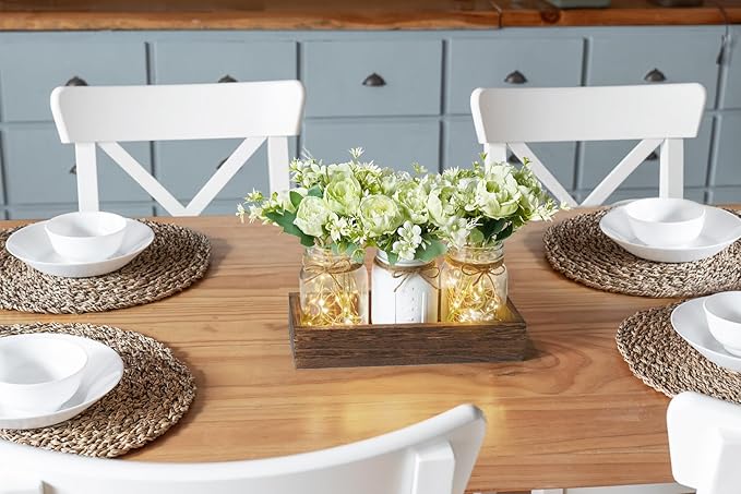Mkono Mason Jar Lights Centerpiece Table Decorations for Dining Room Farmhouse Coffee Table Decor, Wood Tray with 3 Jars Flowers for St. Patrick's Day, Easter, Spring Home Decor