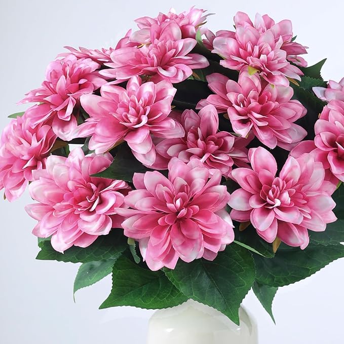 VIERENA 8 Bundles Artificial Dahlia Flowers for Outdoors Spring Summer Decor, No Fade Silk Flower Faux Dahlias Plant Arrangement for Home Garden Balcony Farmhouse（Pink）