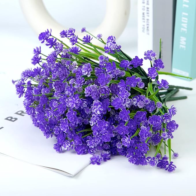 Ouddy Decor 24 Bundles Artificial Flowers for Outdoors UV Resistant Fake Plastic Plants Faux Greenery Stems for Spring Summer Indoor Garden Patio Window Box Kitchen Home Decor, Purple