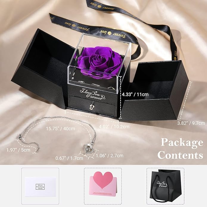 Emibele Preserved Rose Gifts for Women, Eternal Flower Rose Box with Heart Necklace, Romantic I Love You Gifts for Women Her Wife Mom Grandma on Valentines Mothers Day Birthday Anniversary