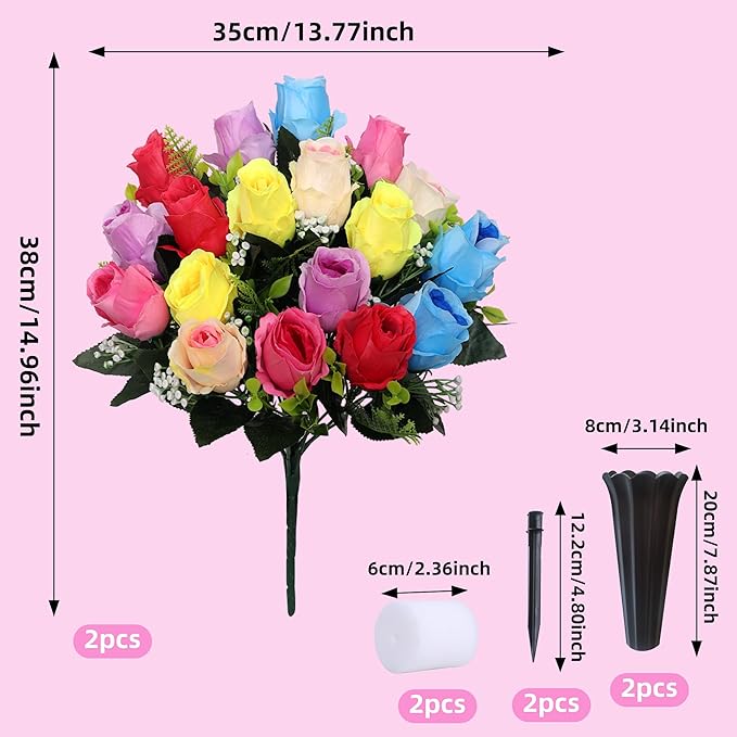 Lodou Set of 2 Artificial Cemetery Flowers, Memorial Flowers Bouquet,Grave Memorial Flowers with Vase for Cemetery Headstones Decoration (Color)