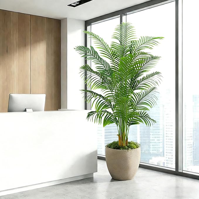 2 Pack Artificial Palm Tree Indoor Plant 7FT Tall Fake Tropical Palm Tree in Pot, Real Bark Design Faux Areca Palm Tree for Home Office Living Room Bedroom Farmhouse Modern Outdoor Topiary Tree