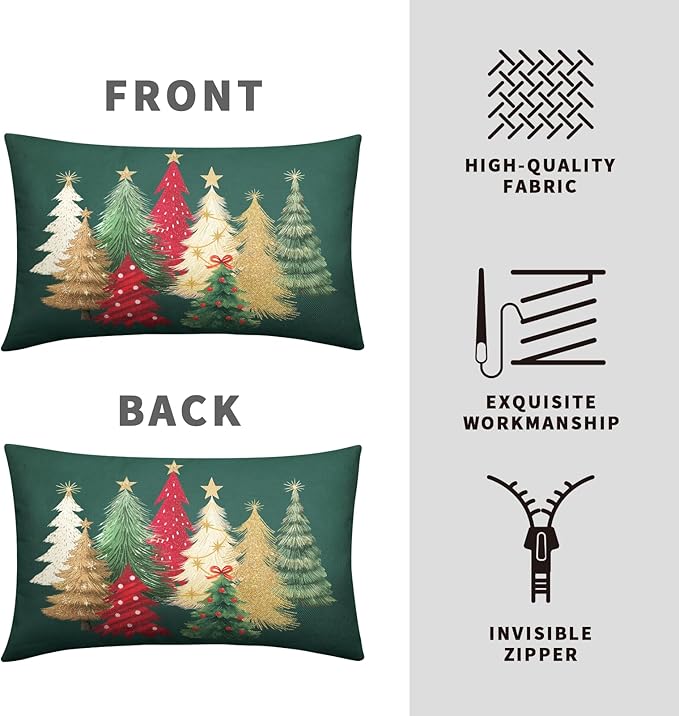 Green Christmas Lumbar Pillow Covers Christmas Tree Throw Pillow Case 12x20 Set of 2 Winter Xmas Rectangular Pillowcase Holiday Cushion Case for Living Room Bedroom Couch Sofa