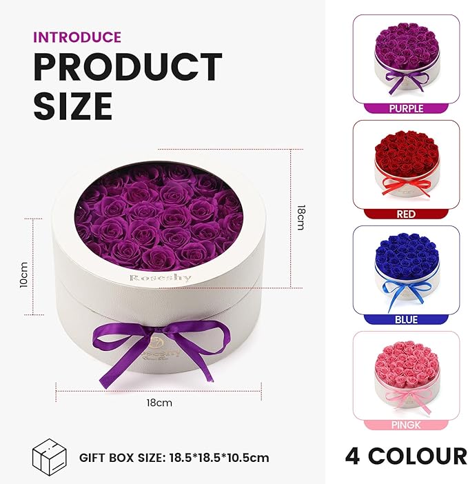 Valentines Day Flowers Roses Gifts for Her,28pcs Purple Forever Preserved Roses in Round Gift Box,Valentines Day Delivery Prime Gifts-Roses Gifts for Women,Mom.