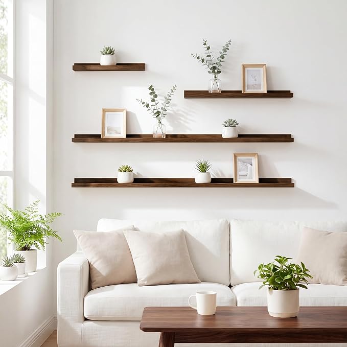 Acovy Floating Shelves Set of 6, 24 Inch Wall Mounted Picture Ledge Shelf with Lip, Walnut Display Shelves for Living Room, Bedroom, Nursery, Bathroom & Kitchen
