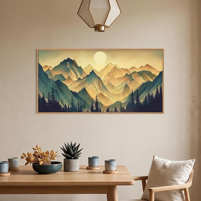 Boho Green Mountain Landscape Framed Canvas Wall Art Set,Abstract Sun Forest Scenery Wall Decor,Bohemian Ridge Lines Pine Tree Artwork for Living Room,Bedroom,Dining Room,Office-40 x20 x1