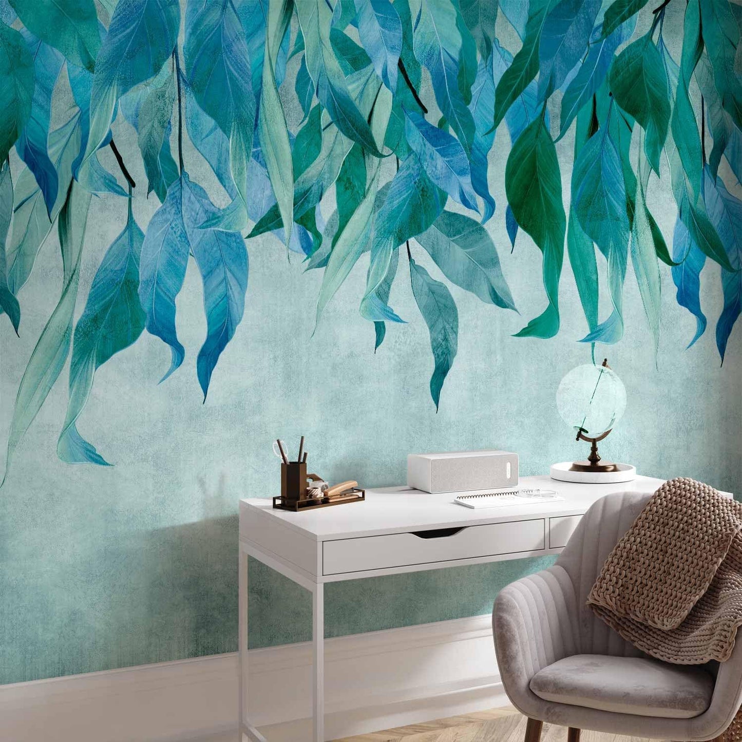 artgeist Wall Mural Hanging Leaves 157x110 in - Non-Woven Wallpaper Fleece Wall Decor Photo Print Picture Image Design Nature Botanical Concrete Green Blue b-C-10146-a-b