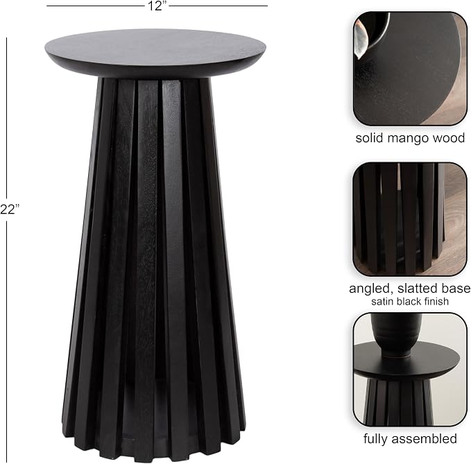 Kate and Laurel Klarc Modern Slatted Wood Round Drink Table, 12 x 12 x 22, Black, Circle Pedestal Table for Use as Bedroom Nightstand, Indoor Plant Stand, or Decorative Living Room Accent