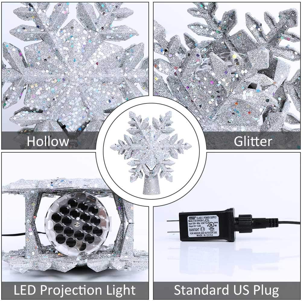 OurWarm Christmas Tree Topper Lighted with LED Rotating Silver Snowflake Decorations Projector Silver Snow Tree Topper Night Light Projector for Indoor Outdoor Christmas Tree Decorations