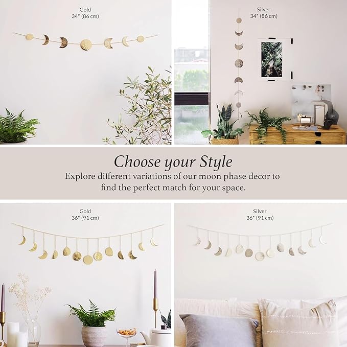 BASE ROOTS Moon Phase Wall Decor, Gold Wall Decor for Bedroom & Living Room, Bohemian Wall Decor, Handmade Hammered Metal 36" 13 Phases Moon Wall Decor, Celestial Wall Art, Gift for Women & Kids