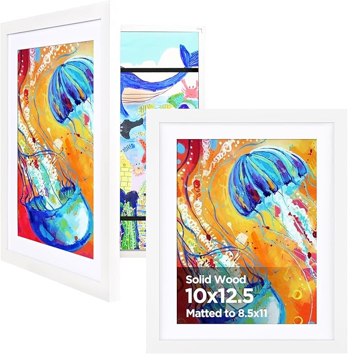 KINLINK 10x12.5 Kids Art Frame Set of 2, Solid Wood Kids Artwork Frames Changeable with Front Opening Hold 150 Pictures, Art Frames for Kids Art with Mat，without Mat 10x12.5 Picture Frame White