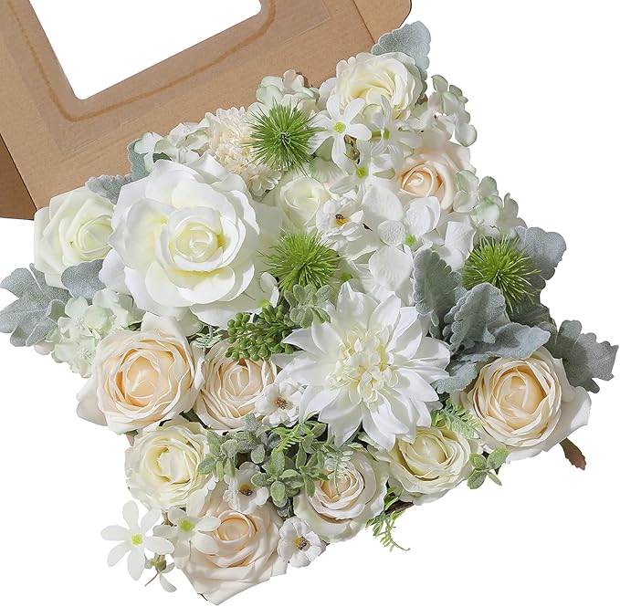rongflower Artificial Flowers Combo Silk Mix Fake Flowers Leaf for DIY Wedding Bouquets Centerpieces Arrangements Party Baby Shower Home Decorations(Milk White)
