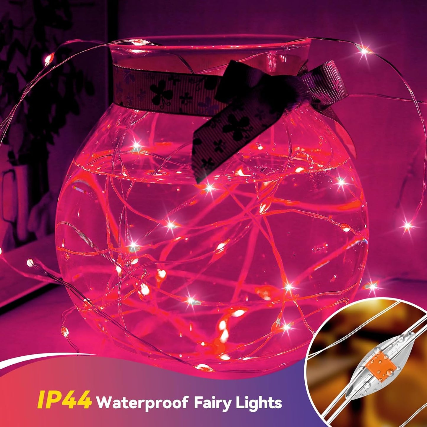 4 Pack 60LED Christmas Fairy Lights Battery Operated - 20FT Twinkle Lights with 2 Lighting Modes Indoor Outdoor, Waterproof Led Fairy String Lights for Bedroom, Wedding, Dorm, DIY Decor, Pink