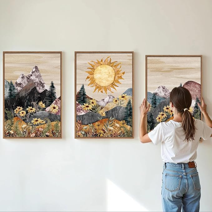 Rantodecor Boho Mountain Framed Canvas Wall Art, Western Daisy Floral Landscape Wall Decor, Rustic Fern Flowers Art Painting, Modern Fantasy Nature Sun Artwork for Bedroom Living Room Office 16"x24"x3