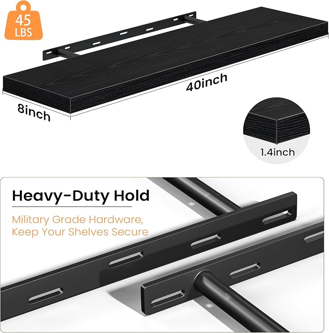 Fun Memories Floating Shelves for Wall, 40 Inch Long Set of 2 Rustic Wood Wall Shelves with Invisible Brackets, Heavy Duty Storage Display for Living Room Bedroom Kitchen, Black