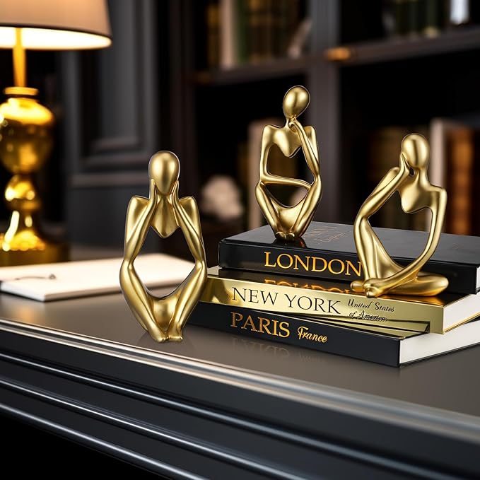 Feifeiya 6 Pcs Gold and Black Color Decorative Book & Thinker Statue Set - 3 Books Accents 3 Thinker Abstract Art Sculpture Home Decoration for Living Room Bookshelf Table Decor