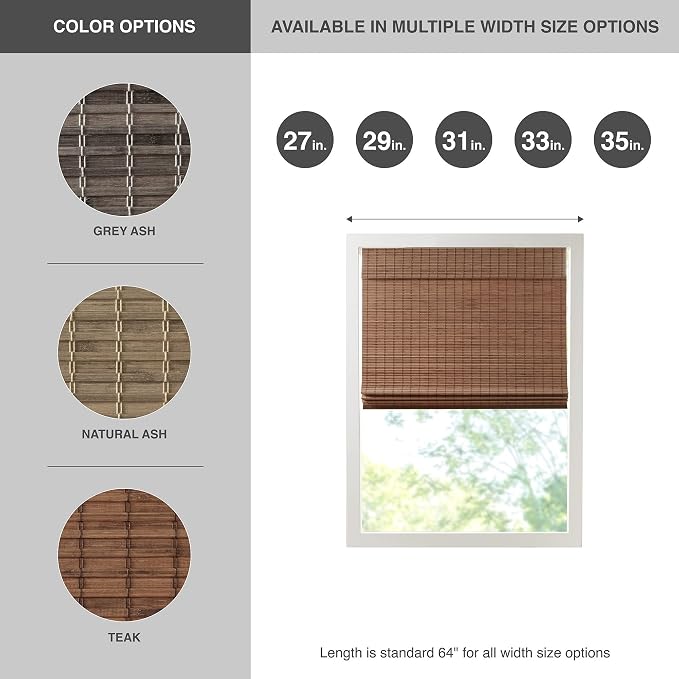 Madison Park Eastfield 100% Bamboo Cordless Roman Shades-Woven Wooden Privacy Panel, Light Filtering Easy Installation Window Blind Treatment, Bedroom, Living Room Decor, 33" W x 64" L, Teak