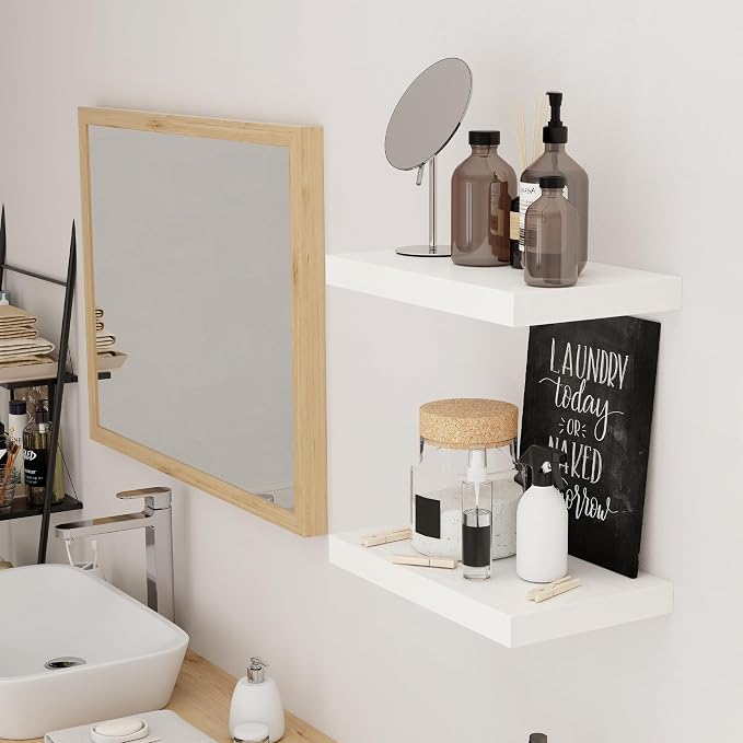 White Floating Shelves, 16 inch Wooden Floating Shelves for Wall, 9.3in Deep Wall Mounted Shelf for Storage & Organizer, Shelving for Bathroom Living Room Kitchen Bedroom, 16 x 9.3 x 1.5 in, 2 Packs