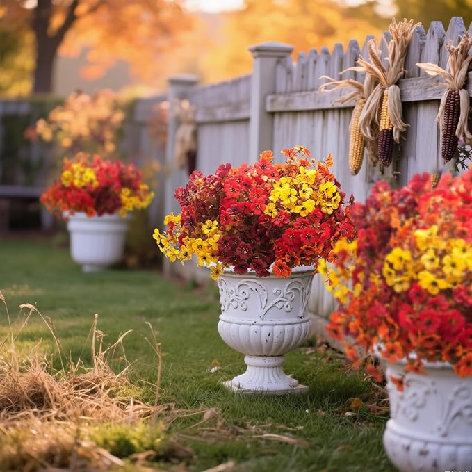 Grunyia 20 Bundles UV Resistant Artificial Fall Flowers for Outdoor - No Maintenance Thanksgiving Decor with Orange Blooms, Faux Silk & Plastic Plants for Porch, Yard (Fall Coffee Mix)
