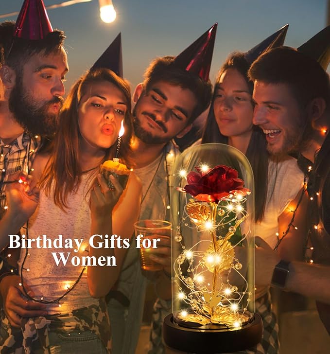 Mothers Day Rose Gifts for Mom, Birthday Gifts for Women, Flower Galaxy Glass Rose with 2 Light Modes Forever Eternal Colorful Gold Foil Rose in Glass Dome,Anniversary Valentines Women Gifts