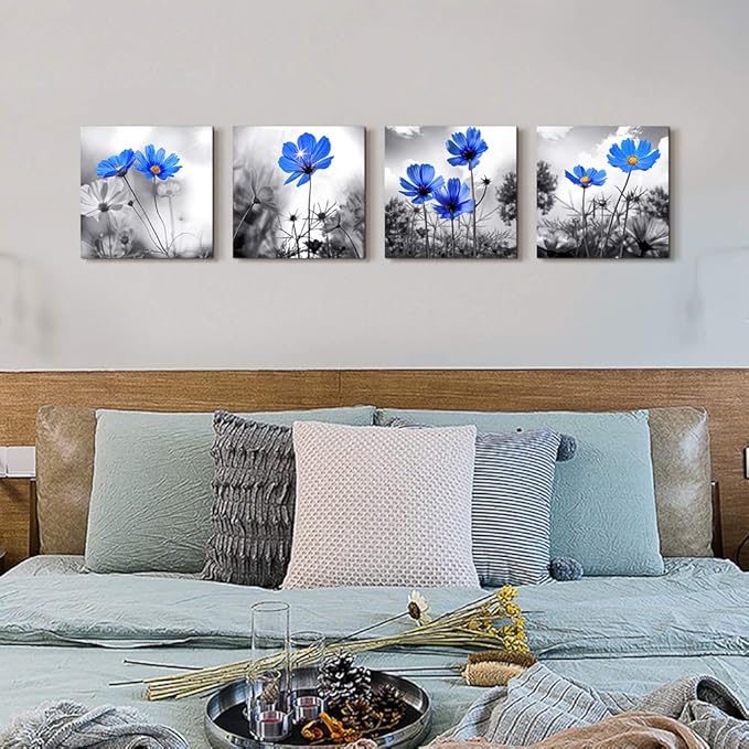 Wall Art For bedroom Black and White cyan blue flower Canvas Wall Decor for Home Decor artwork painting 12" x 12" 4 Pieces Canvas Print For Living Room Decor Modern Salon kitchen Still Life Painting