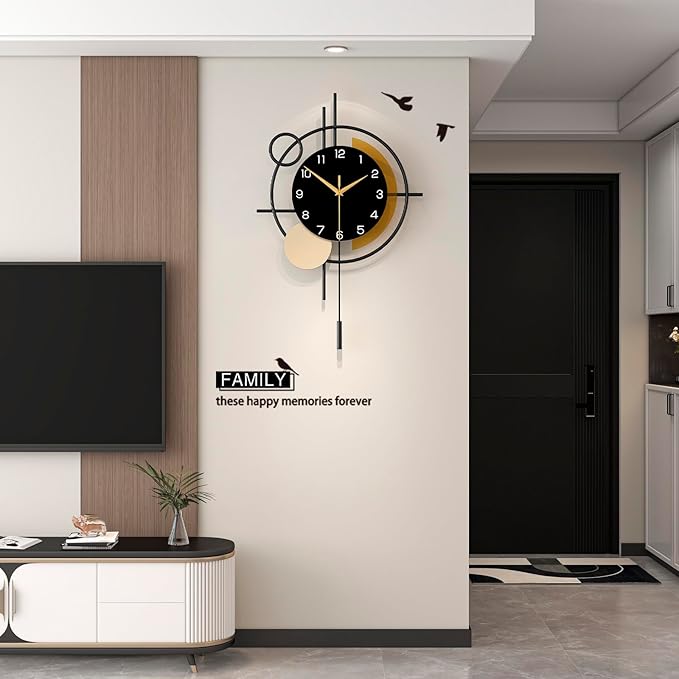 Wall Clock for Living Room Decor Decorative Wall Clock with Pendulum Silent Quartz Battery Operated Black Metal Large Clock for Dining Room,Kitchen,Home,Bathroom,Bedroom,13.8x21.3 in