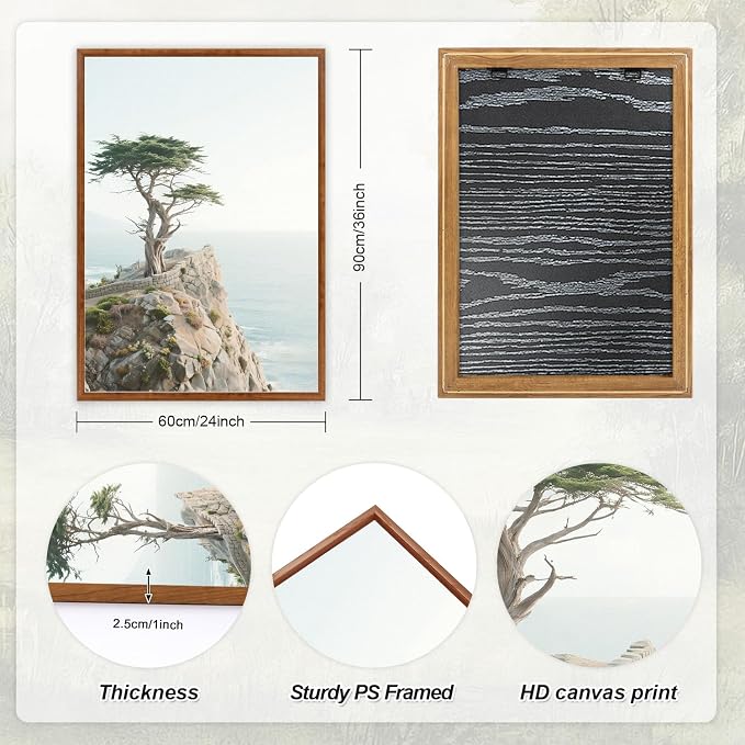 LHIUEM Coastal Seascape Framed Canvas Wall Art,Modern Beach Wall Decor,Neutral Pine Tree Painting,Natural Ocean Artwork for Living Room,Bedroom,Dining Room -24"x36"x3