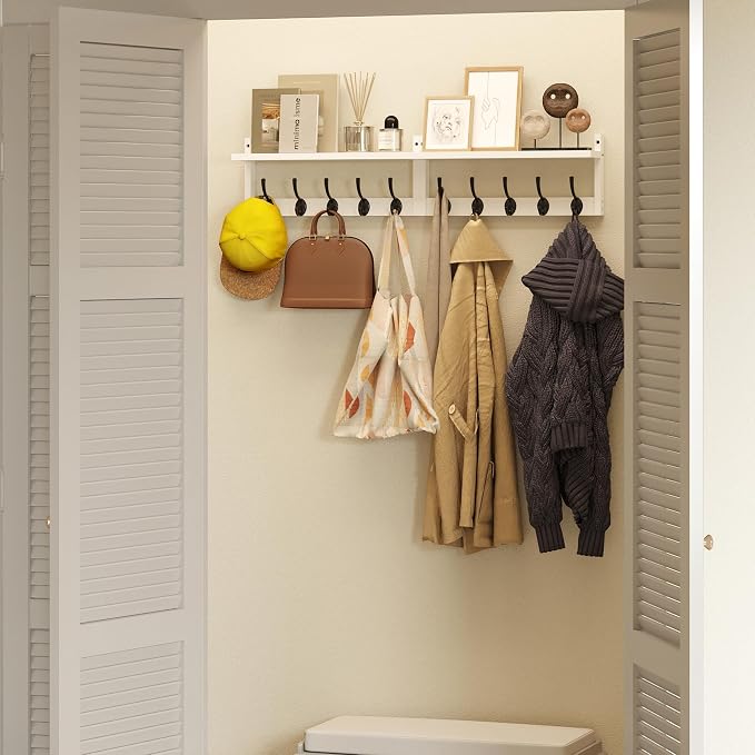 AMBIRD 34.2" L Wooden Wall Coat Hooks with Shelf - Versatile and Decorative Wall-Mounted Storage - 10 Hooks for Hanging Coats, Hats, Keys, Bags, Scarves - Ideal for Entryways, Bedrooms, Closets(White)