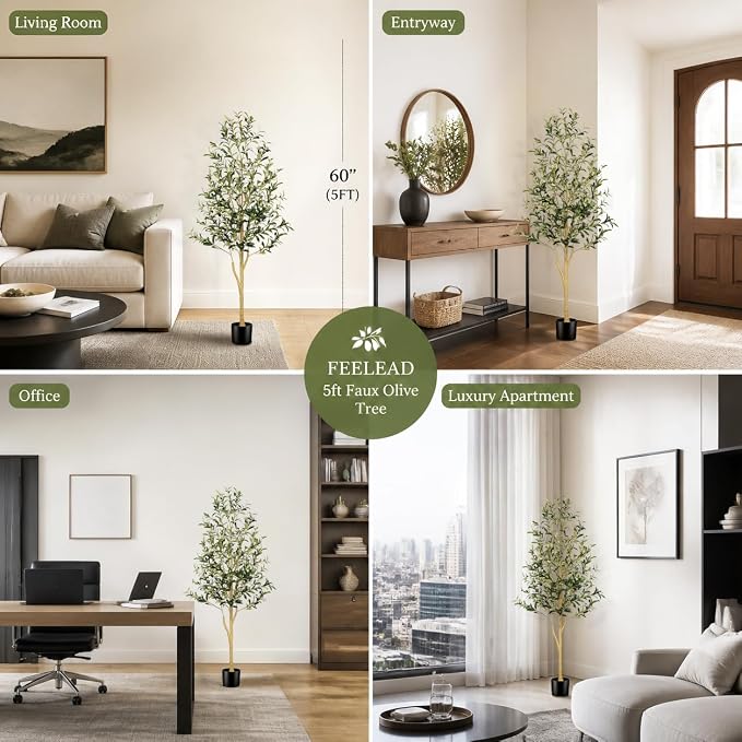FEELEAD 5ft Faux Olive Tree, Artificial Olive Tree Indoor for Home Decor | Realistic Olive Tree with Lifelike Leaves and Natural-Looking Trunk, Fake Olive Trees Artificial Indoor for Home Office Decor