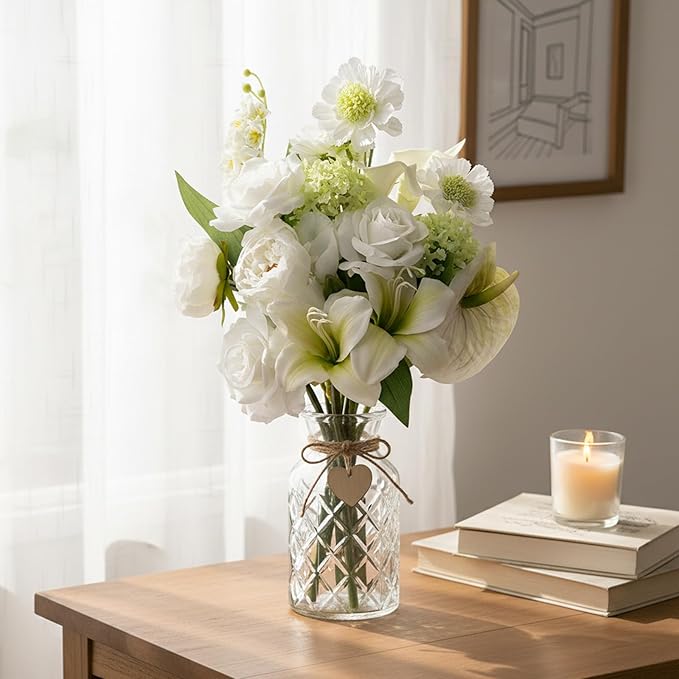 CEWOR Artificial Flowers Fake Flowers for Vase Silk Faux Flowers for Wedding Bouquets Flower Arrangements Floral Table Centerpieces Home Kitchen Garden Party Décor (White)