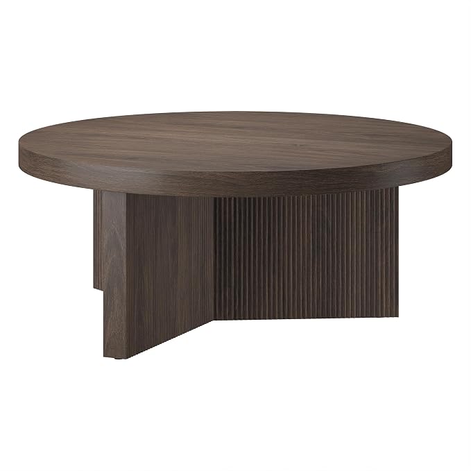 Henn&Hart 36" Fluted Round Low-Profile Coffee Table with Ribbed Pedestal Base Living Room, Family Room, or Office, Rich Brown